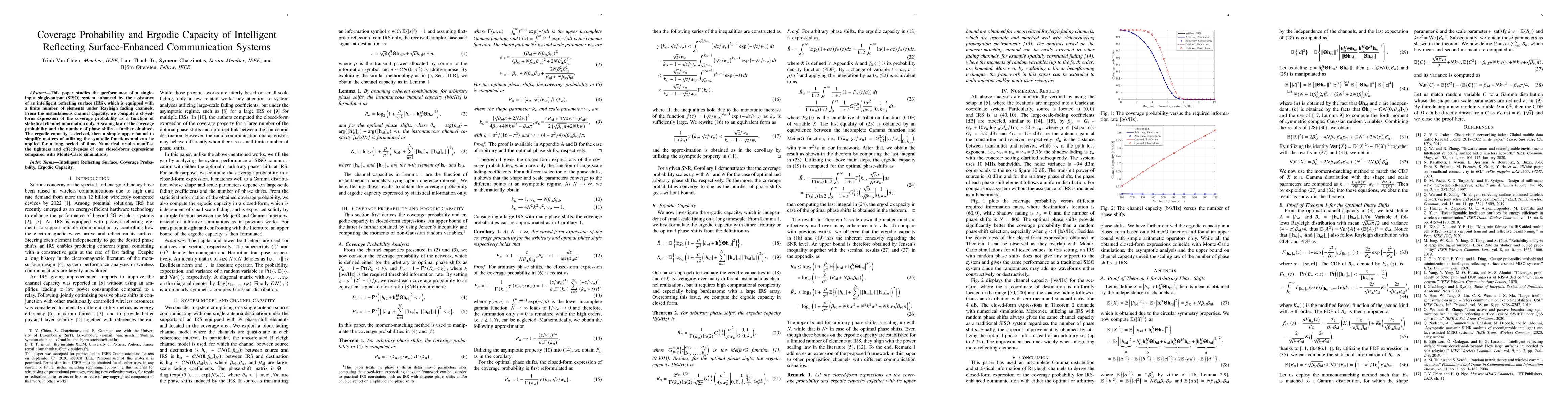 Thumbnail for Coverage Probability and Ergodic Capacity of Intelligent Reflecting
  Surface-Enhanced Communication Systems