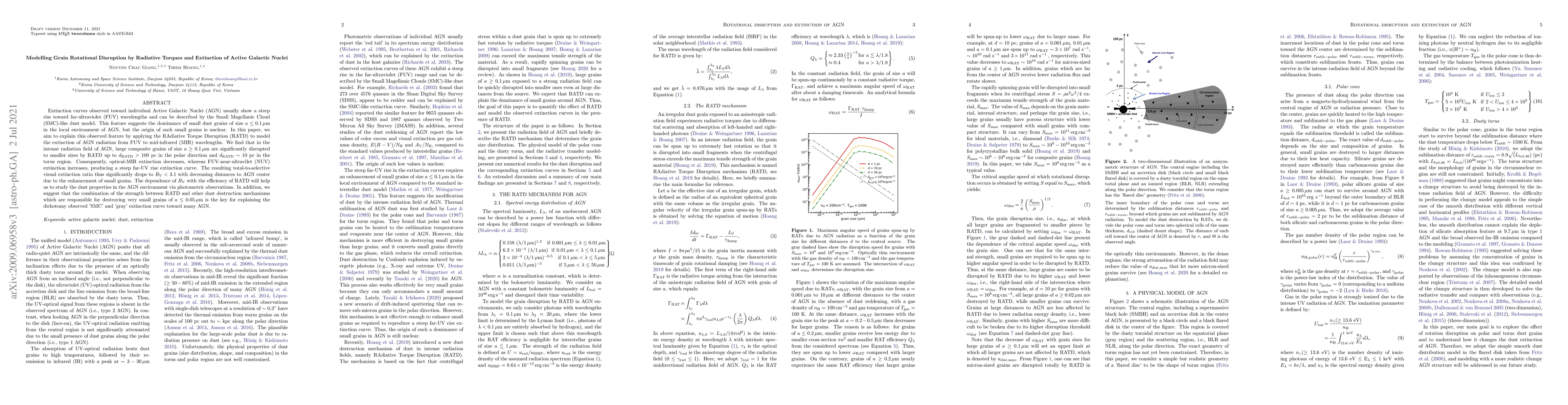 Thumbnail for Modelling Grain Rotational Disruption by Radiative Torques and
  Extinction of Active Galactic Nuclei