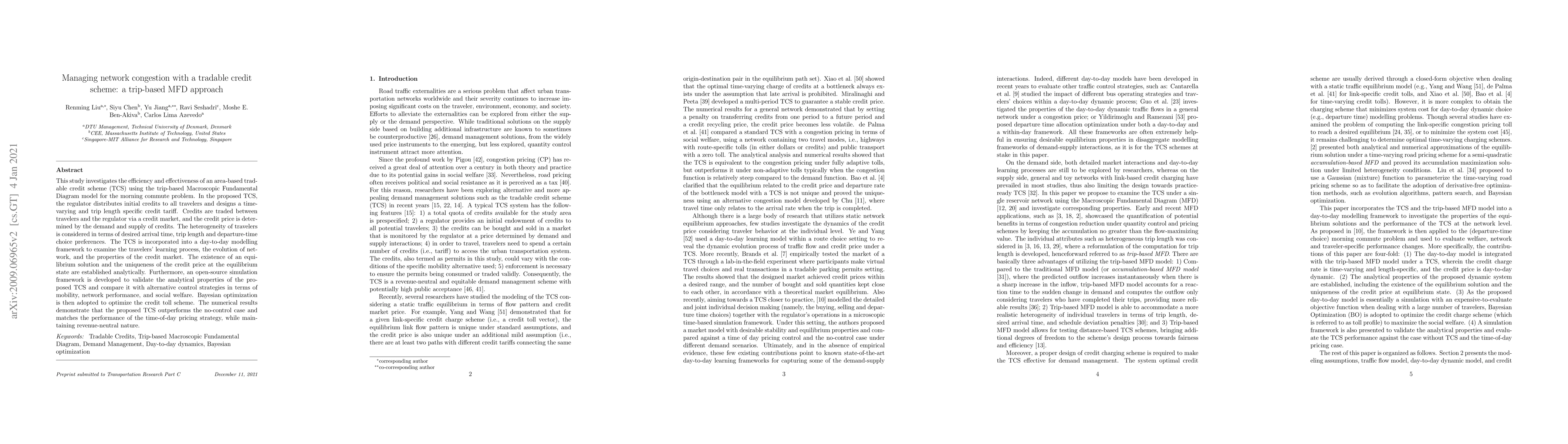 Thumbnail for Managing network congestion with a tradable credit scheme: a trip-based
  MFD approach