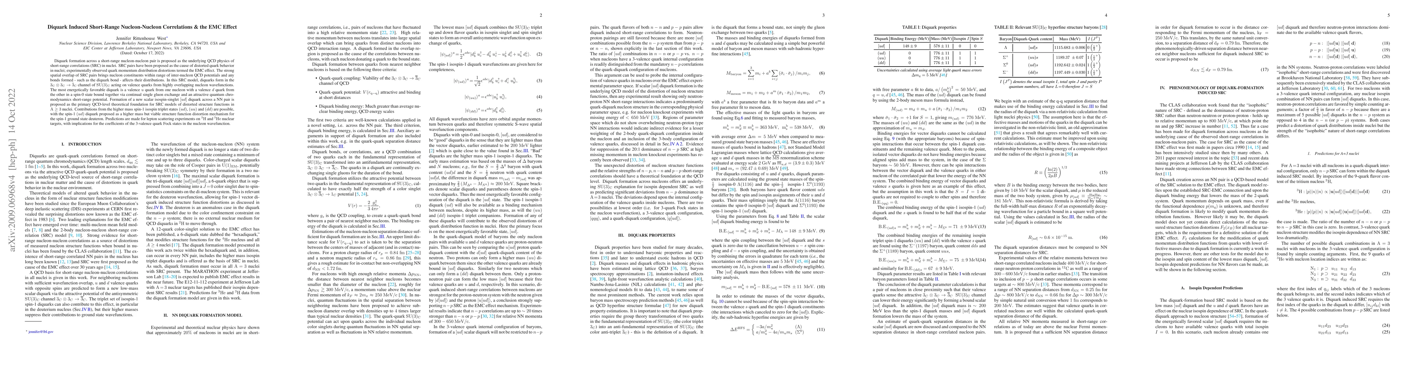 Thumbnail for Diquark Induced Short-Range Nucleon-Nucleon Correlations \& the EMC
  Effect