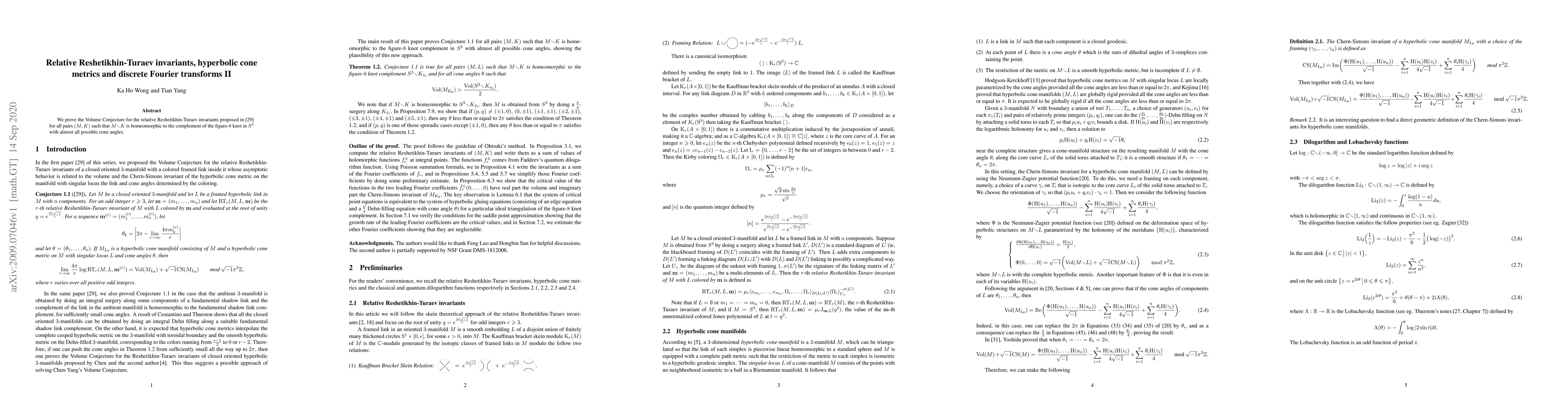 Thumbnail for Relative Reshetikhin-Turaev invariants, hyperbolic cone metrics and
  discrete Fourier transforms II