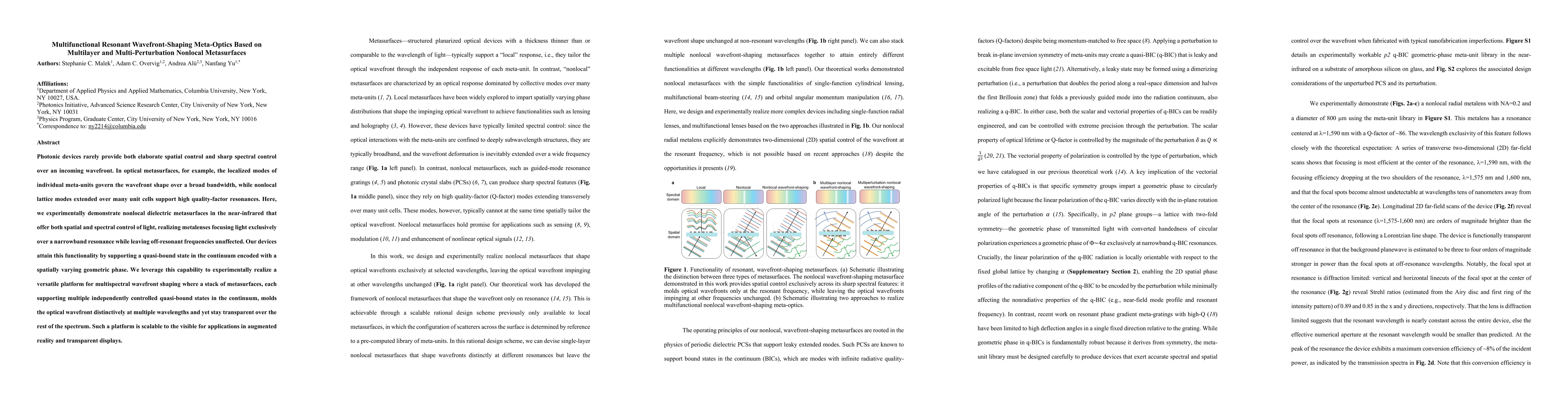 Thumbnail for Multifunctional Resonant Wavefront-Shaping Meta-Optics Based on
  Multilayer and Multi-Perturbation Nonlocal Metasurfaces