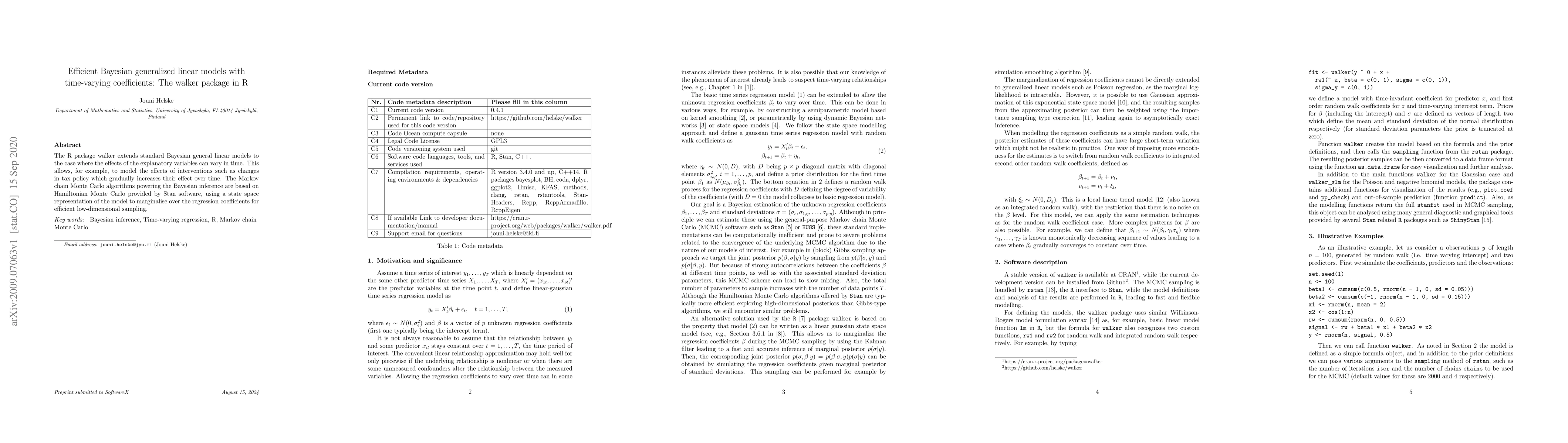Thumbnail for Efficient Bayesian generalized linear models with time-varying
  coefficients: The walker package in R