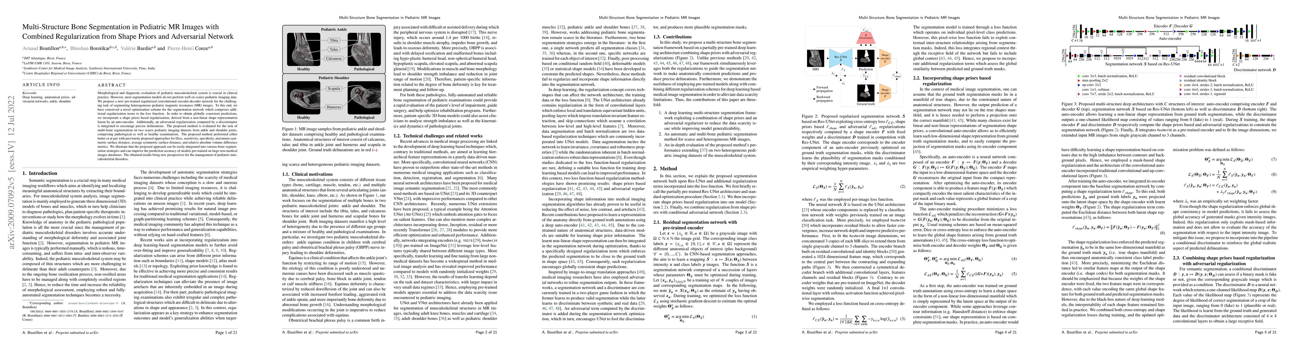 Thumbnail for Multi-structure bone segmentation in pediatric MR images with combined
  regularization from shape priors and adversarial network