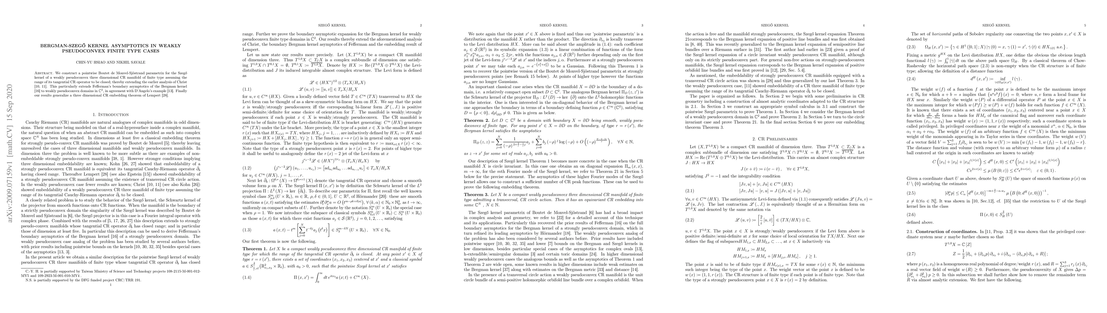 Thumbnail for Bergman-Szeg\H{o} kernel asymptotics in weakly pseudoconvex finite type
  cases