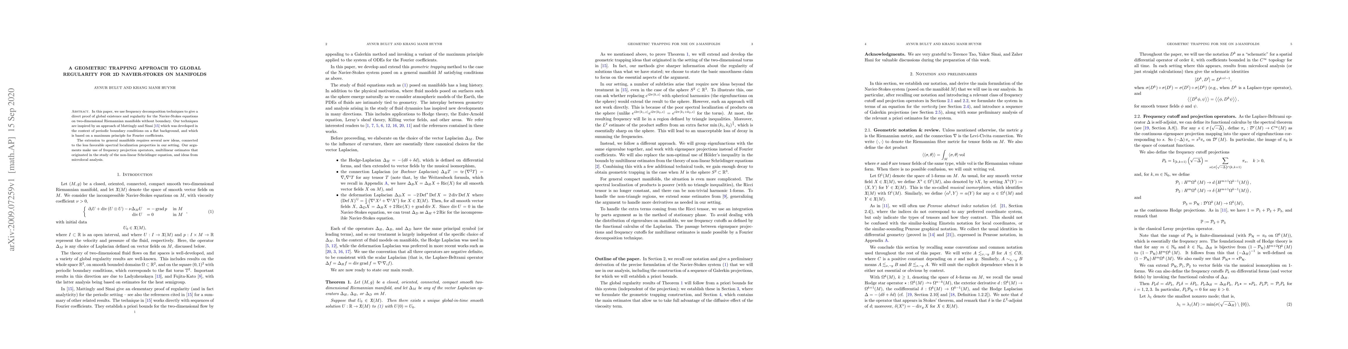 Thumbnail for A geometric trapping approach to global regularity for 2D Navier-Stokes
  on manifolds