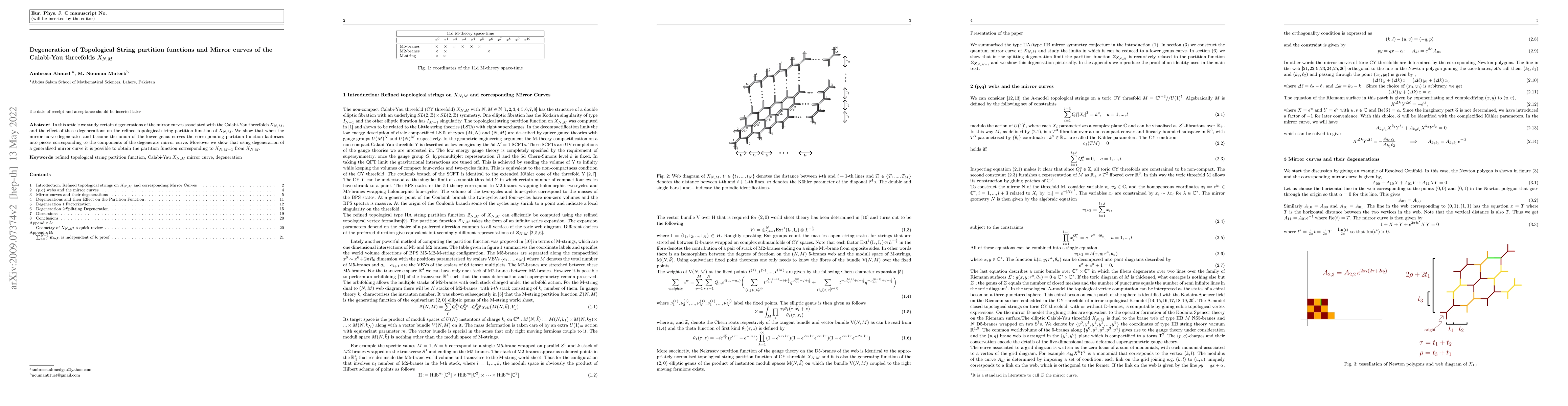 Thumbnail for Degeneration of Topological String partition functions and Mirror curves
  of the Calabi-Yau threefolds $X_{N,M}$
