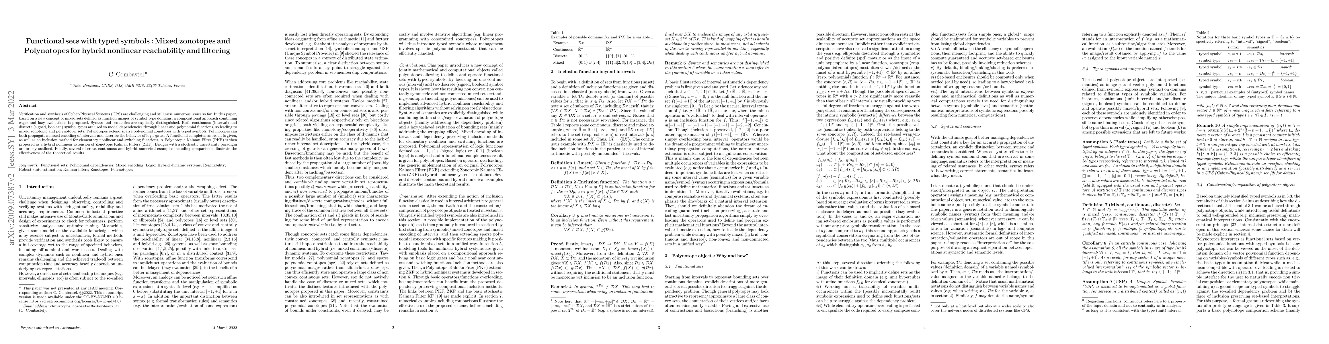 Thumbnail for Functional sets with typed symbols : Mixed zonotopes and Polynotopes for
  hybrid nonlinear reachability and filtering