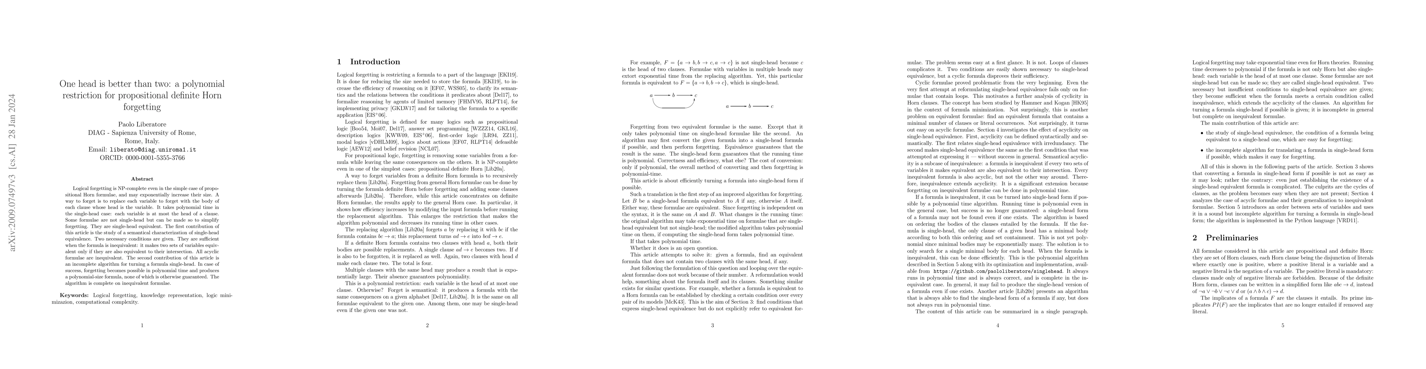 Thumbnail for One head is better than two: a polynomial restriction for propositional
  definite Horn forgetting