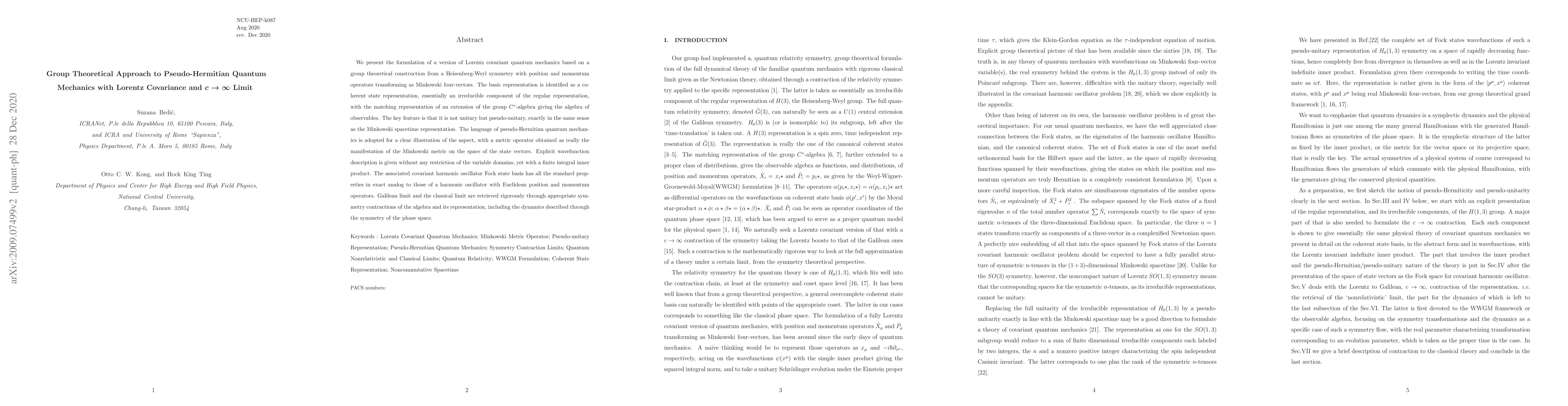 Thumbnail for Group Theoretical Approach to Pseudo-Hermitian Quantum Mechanics with
  Lorentz Covariance and $c \rightarrow \infty $ Limit