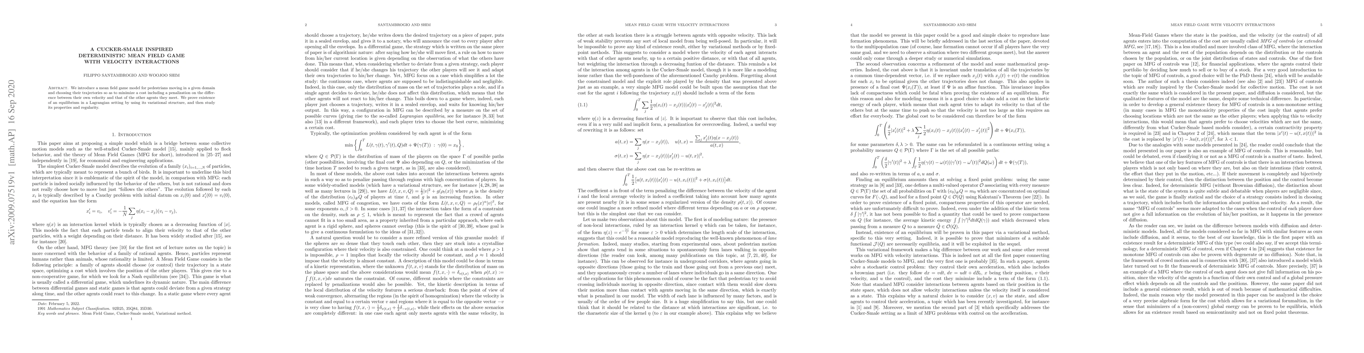 Thumbnail for A Cucker-Smale inspired deterministic mean field game with velocity
  interactions
