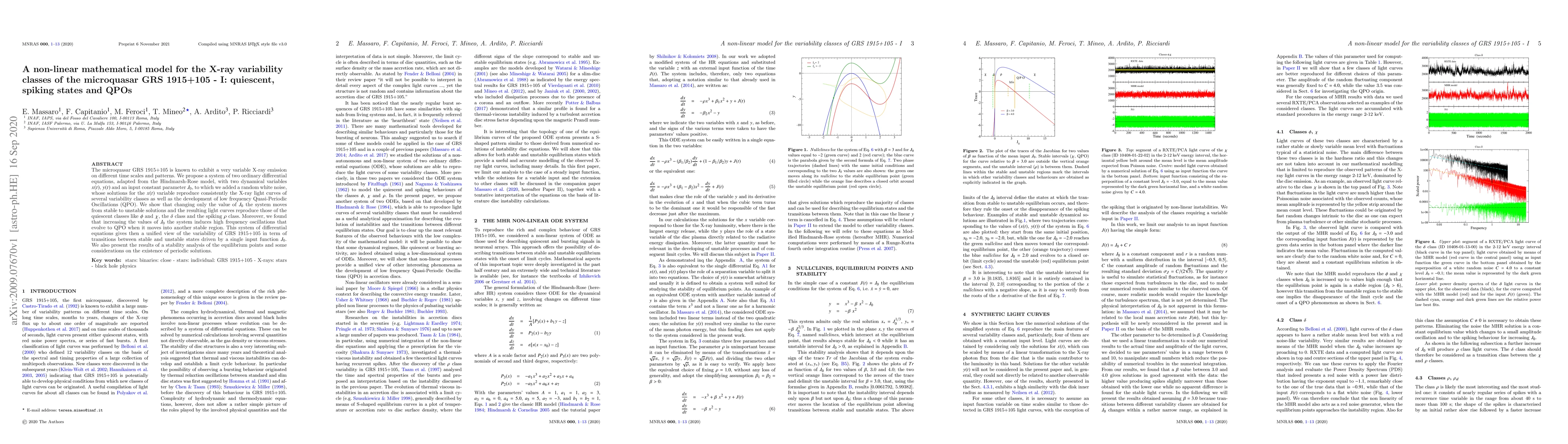 Thumbnail for A non-linear mathematical model for the X-ray variability classes of the
  microquasar GRS 1915+105 -- I: quiescent, spiking states and QPOs