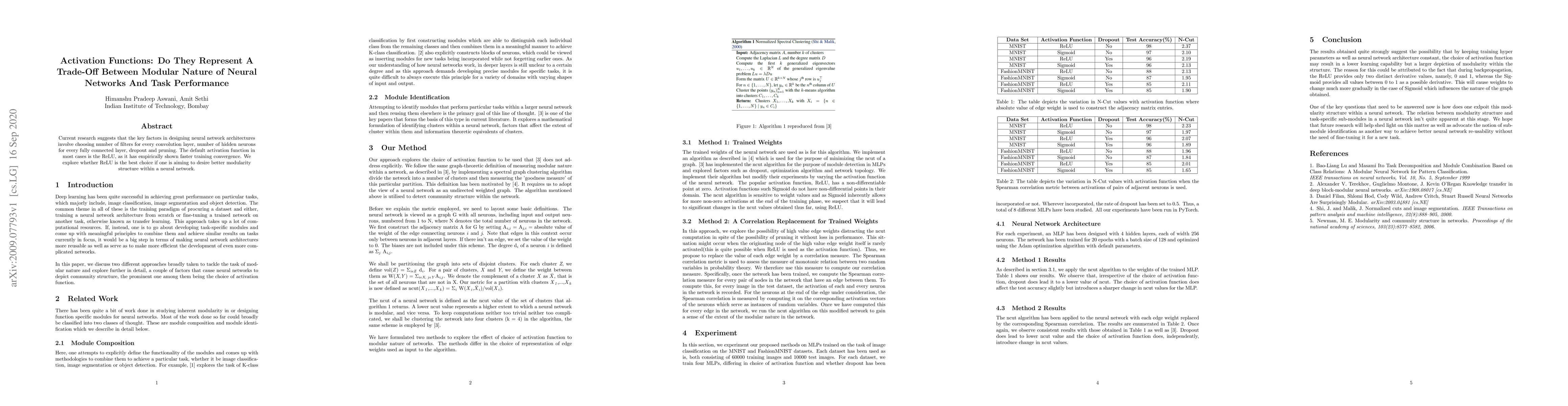 Thumbnail for Activation Functions: Do They Represent A Trade-Off Between Modular
  Nature of Neural Networks And Task Performance