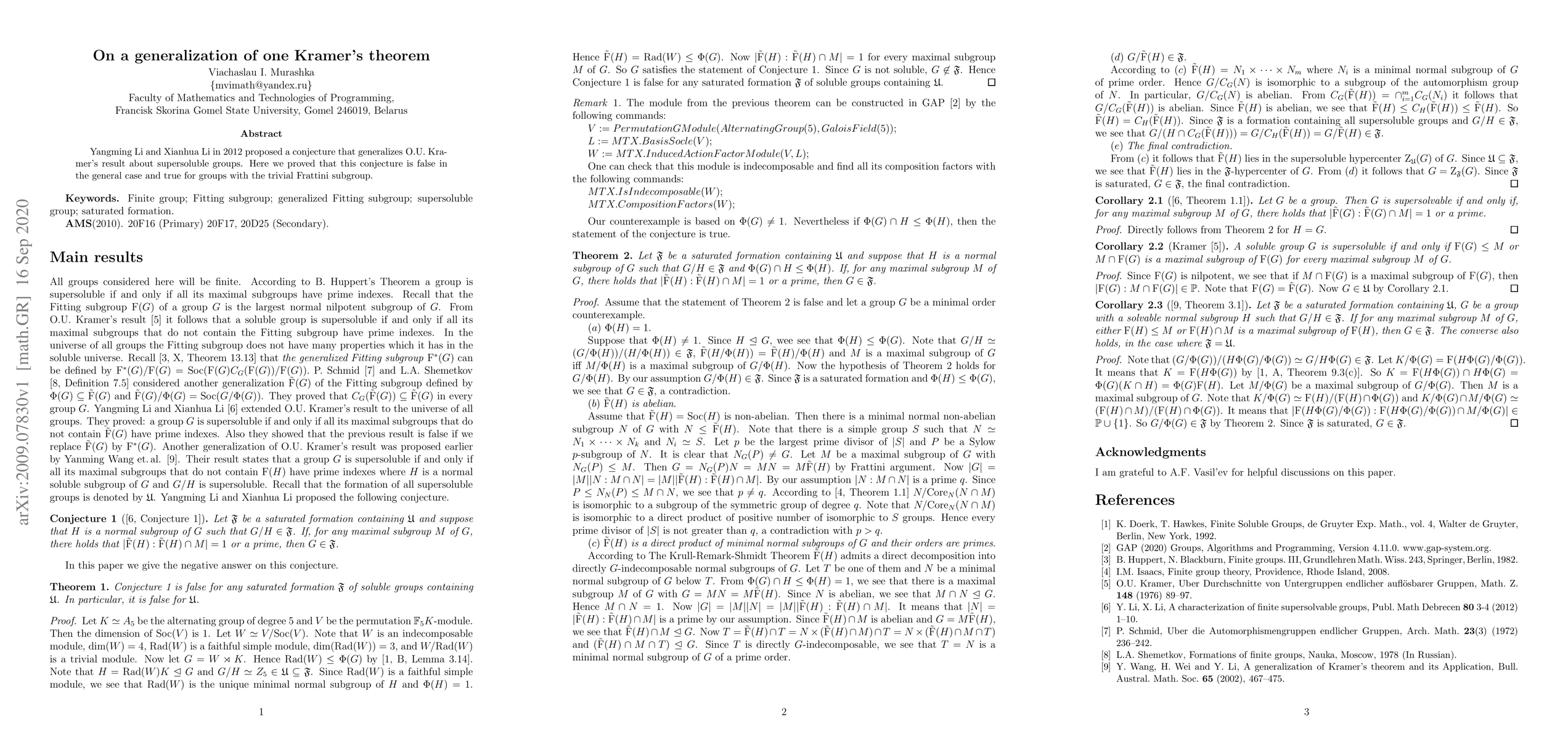 Thumbnail for On a generalization of one Kramer's theorem