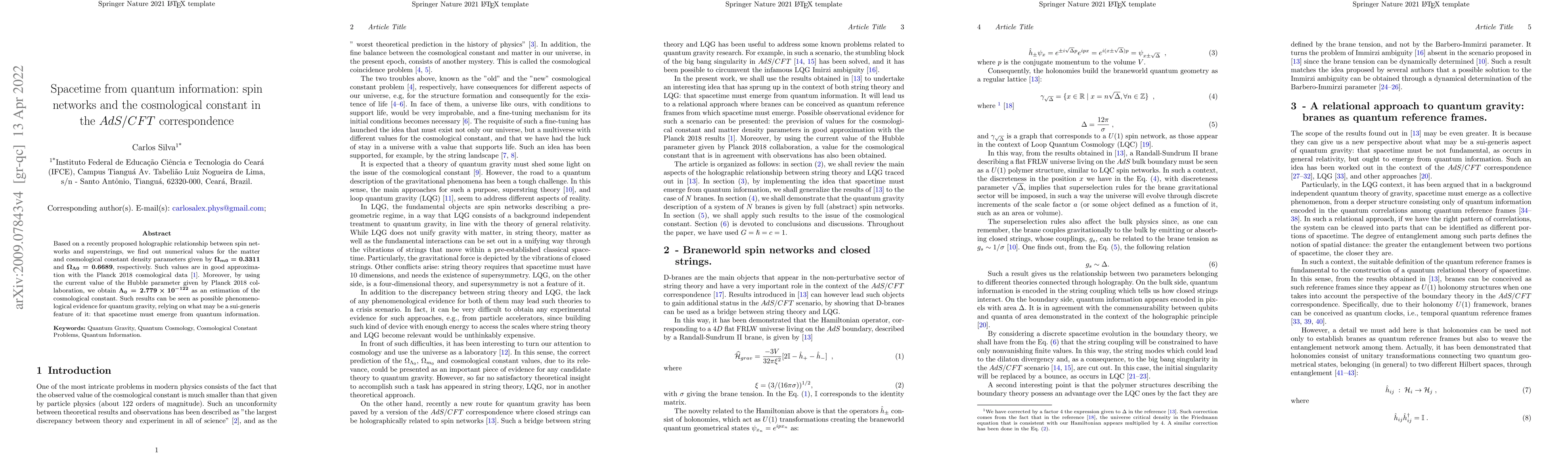 Thumbnail for Spacetime from quantum information: spin networks and the cosmological
  constant in the $AdS/CFT$ correspondence