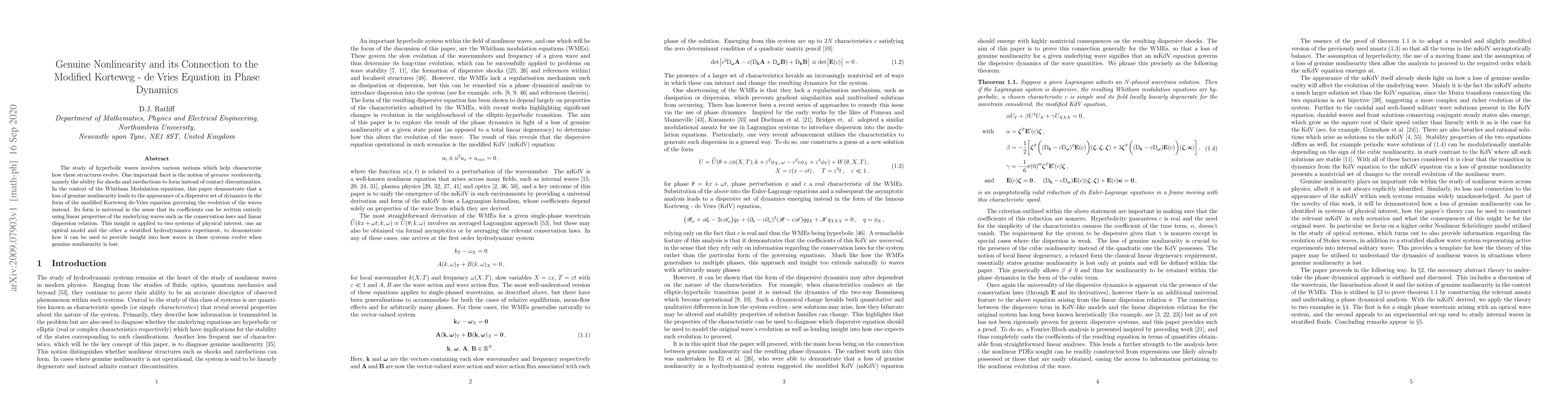 Thumbnail for Genuine Nonlinearity and its Connection to the Modified Korteweg - de
  Vries Equation in Phase Dynamics
