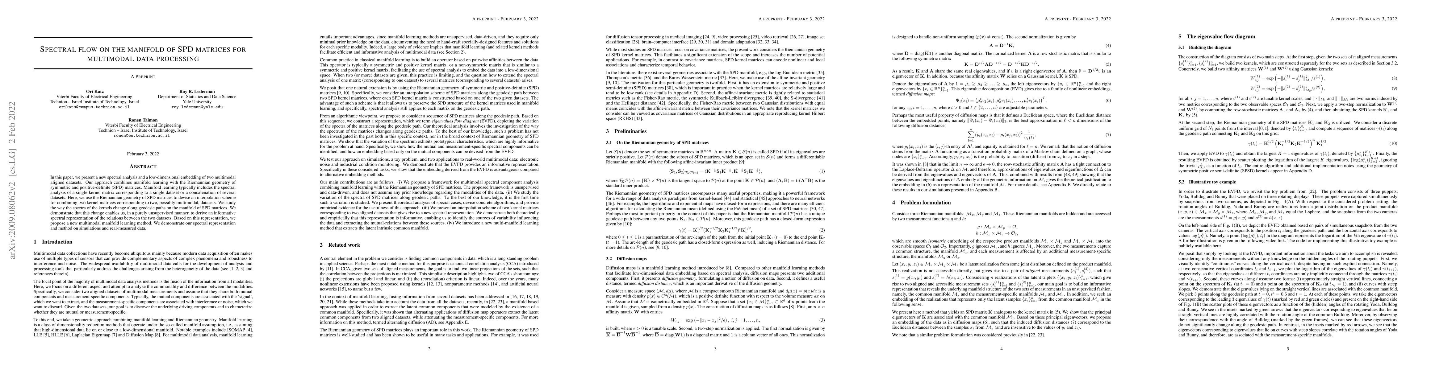 Thumbnail for Spectral Flow on the Manifold of SPD Matrices for Multimodal Data
  Processing