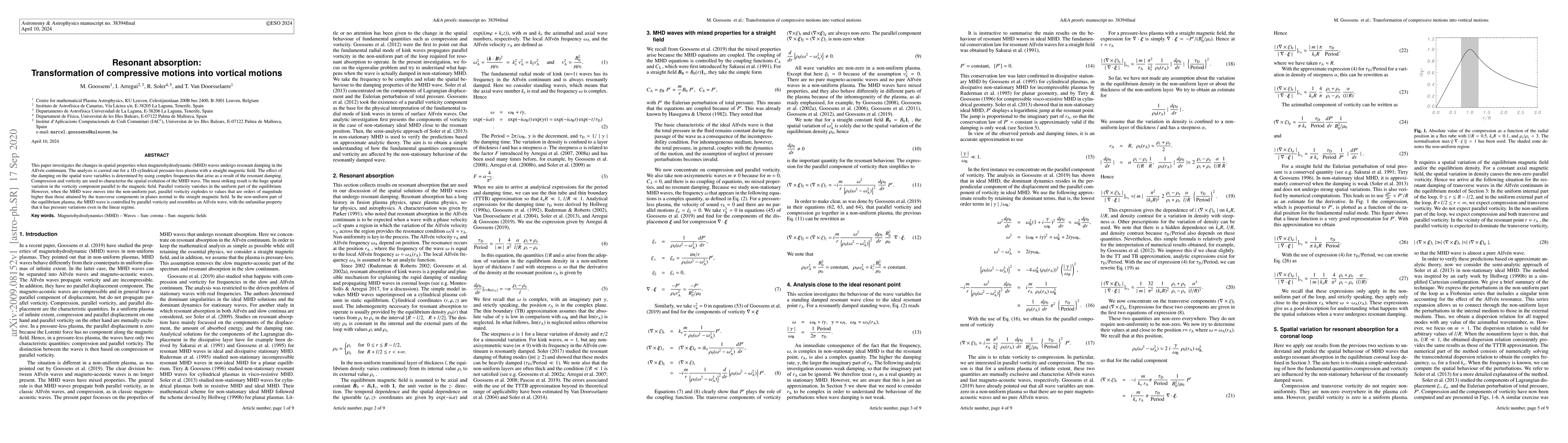 Thumbnail for Resonant absorption: transformation of compressive motions into vortical
  motions