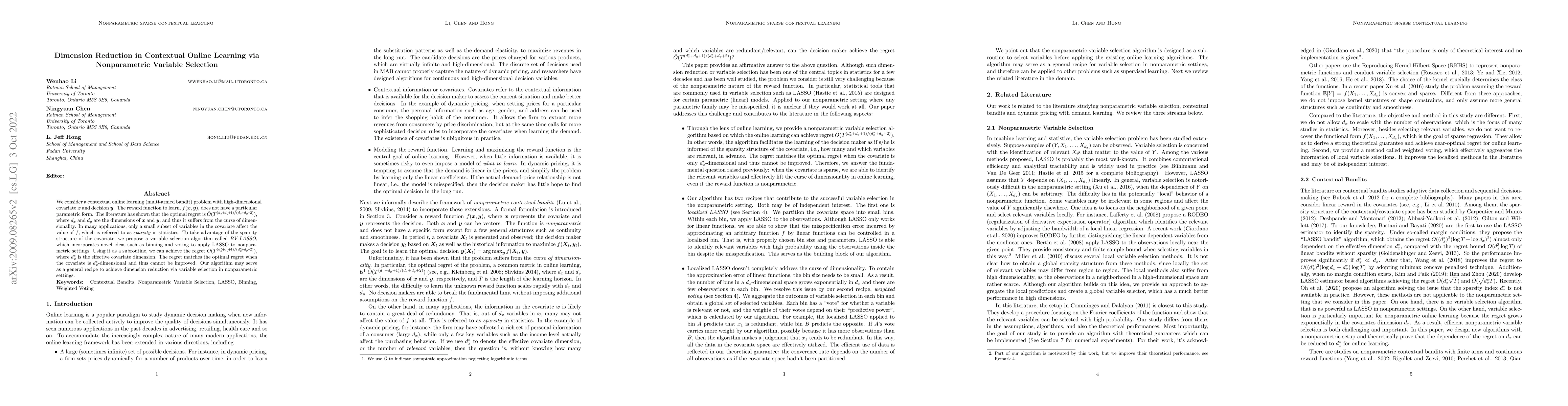 Thumbnail for Dimension Reduction in Contextual Online Learning via Nonparametric
  Variable Selection