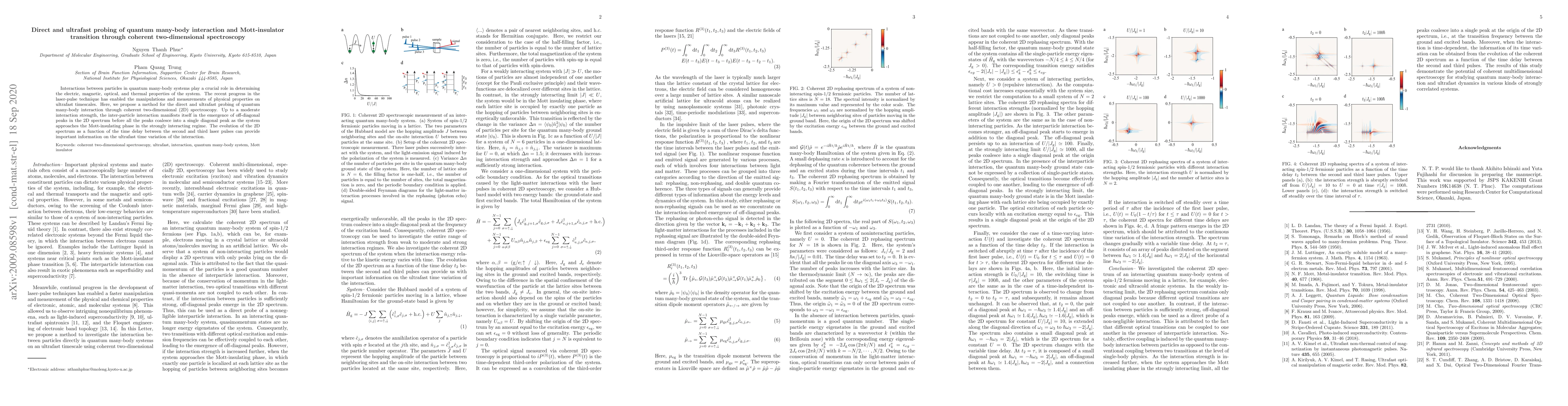 Thumbnail for Direct and ultrafast probing of quantum many-body interaction and
  Mott-insulator transition through coherent two-dimensional spectroscopy
