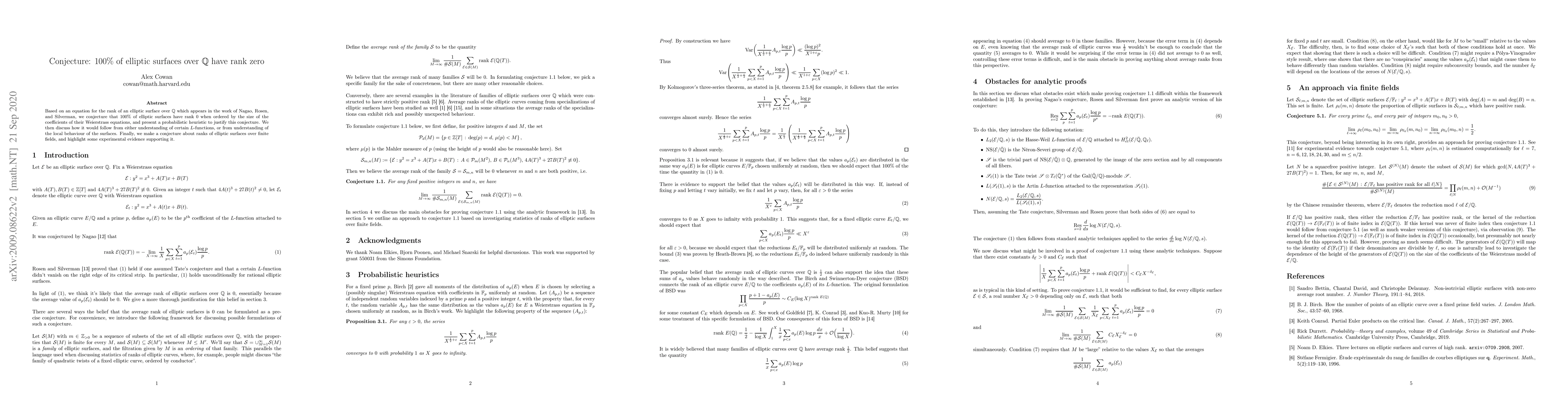 Thumbnail for Conjecture: 100% of elliptic surfaces over $\mathbb{Q}$ have rank zero