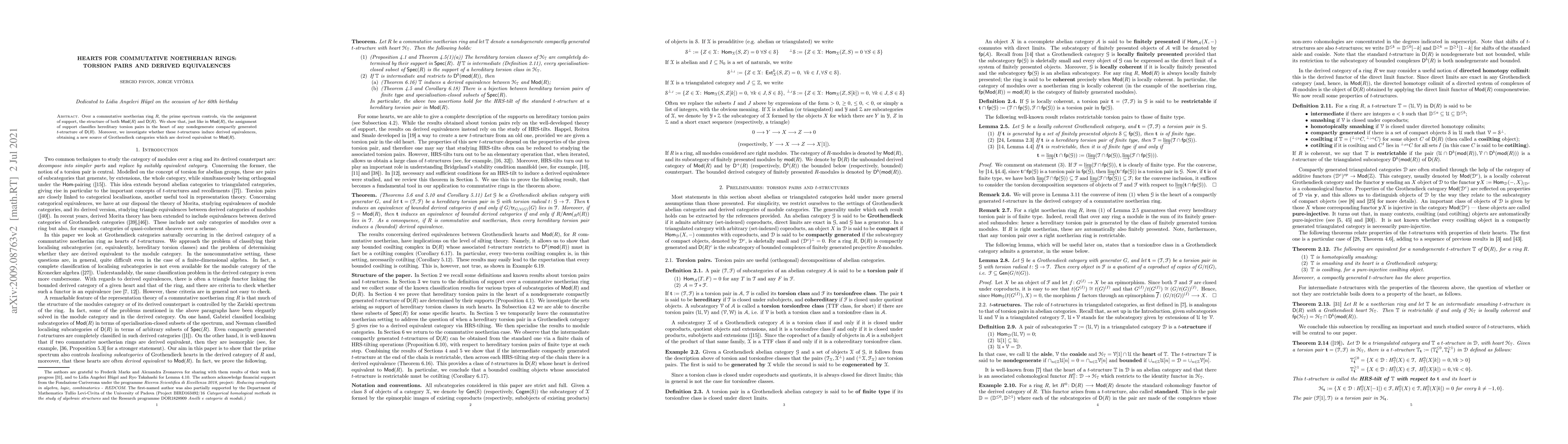 Thumbnail for Hearts for commutative noetherian rings: torsion pairs and derived
  equivalences