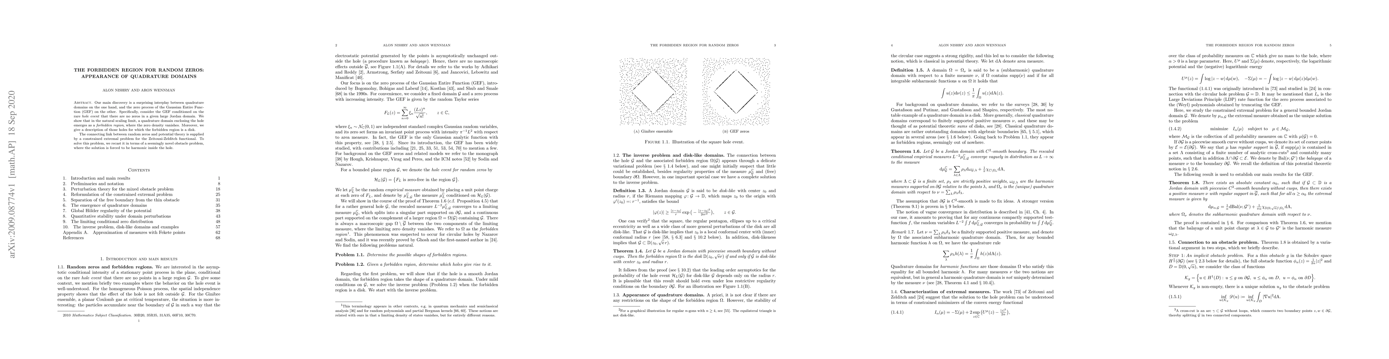 Thumbnail for The forbidden region for random zeros: appearance of quadrature domains