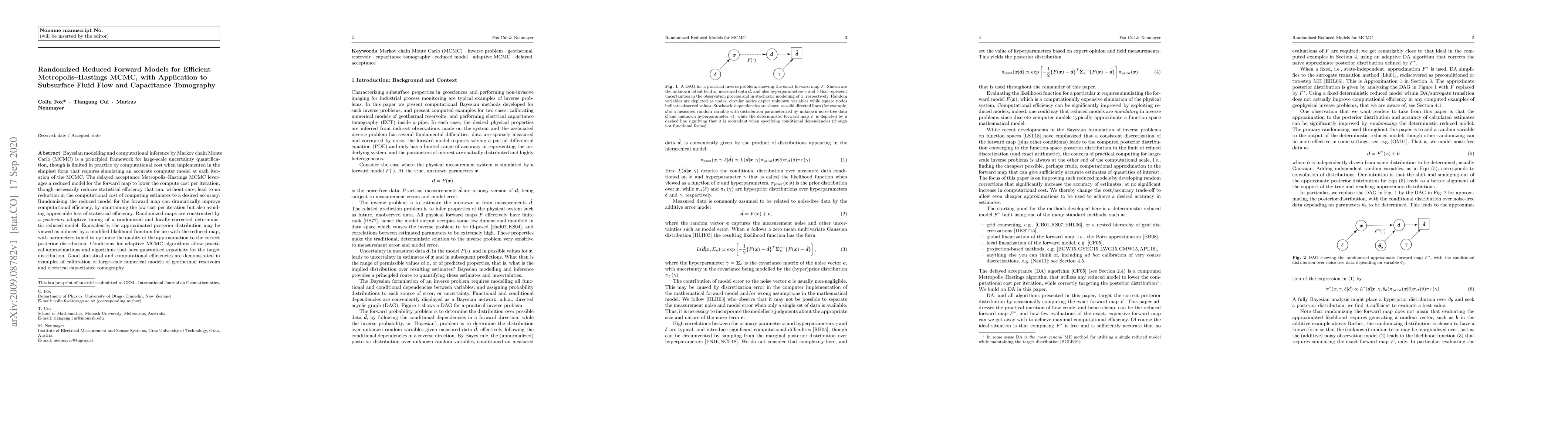 Thumbnail for Randomized Reduced Forward Models for Efficient Metropolis--Hastings
  MCMC, with Application to Subsurface Fluid Flow and Capacitance Tomography