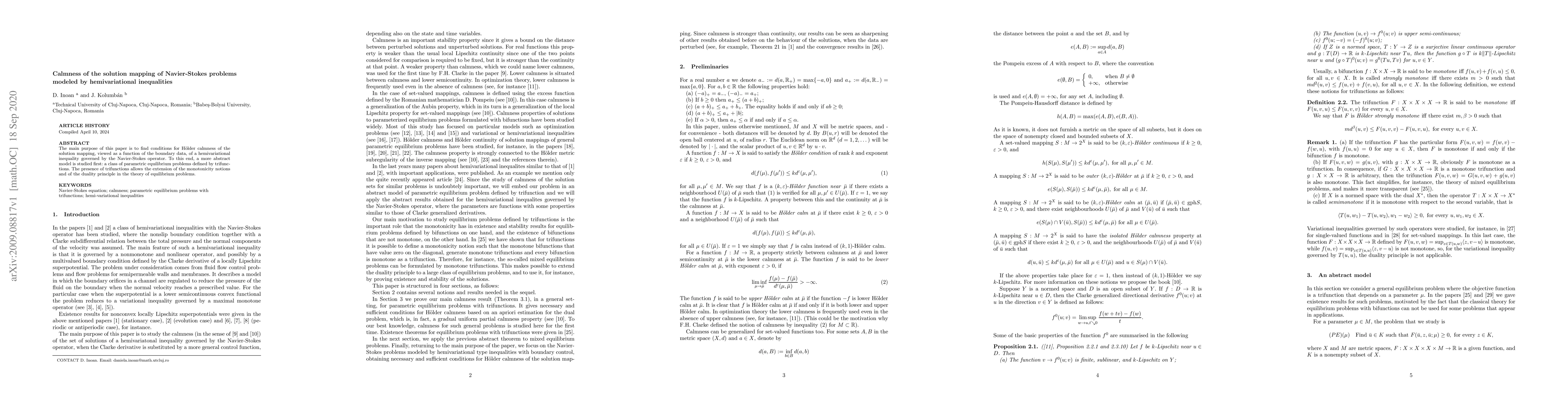 Thumbnail for Calmness of the solution mapping of Navier-Stokes problems modeled by
  hemivariational inequalities