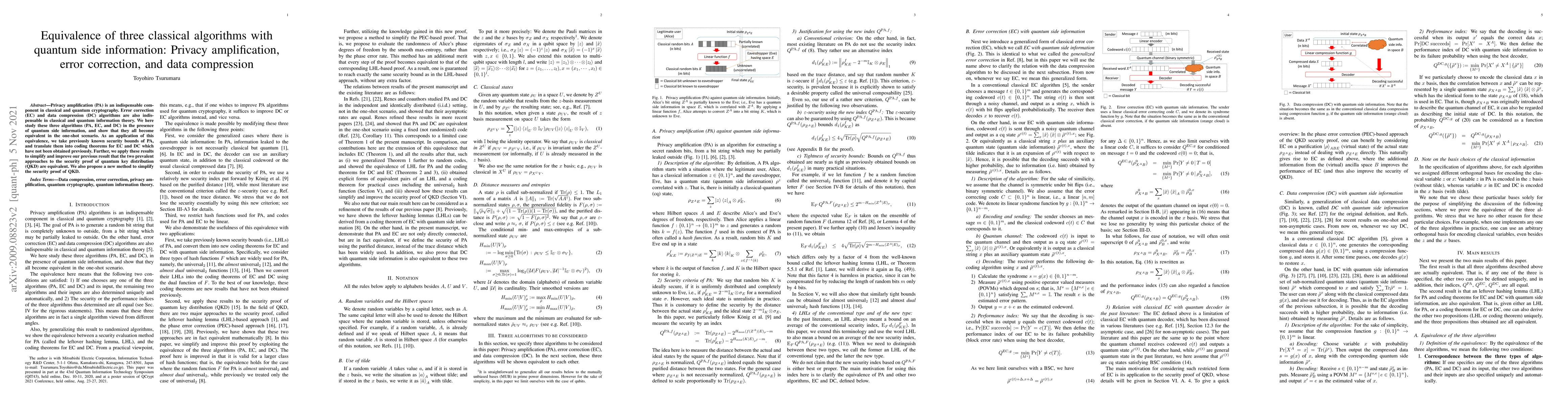Thumbnail for Equivalence of three classical algorithms with quantum side information:
  Privacy amplification, error correction, and data compression