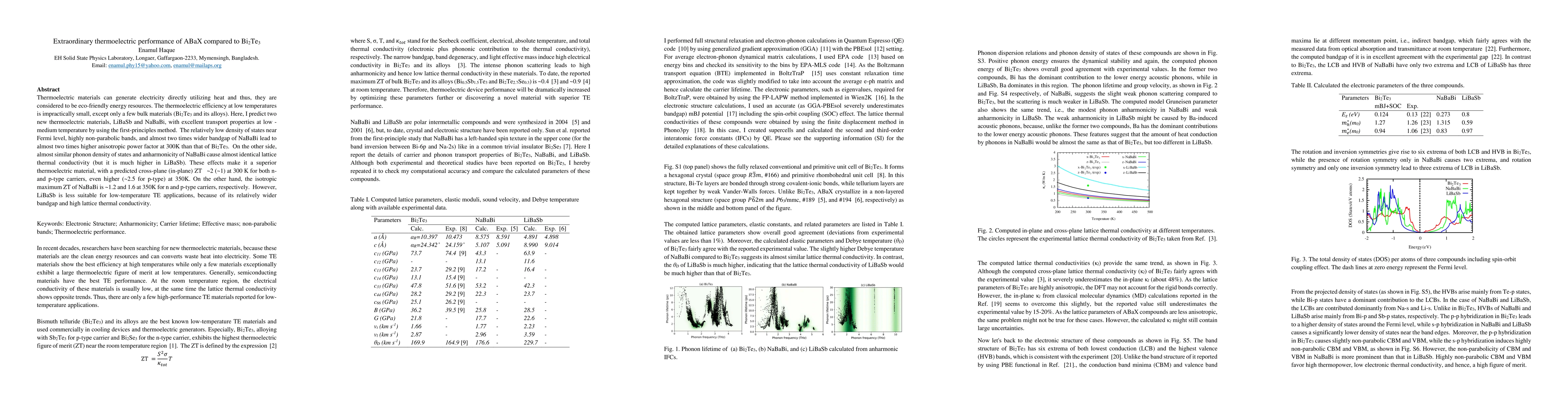 Thumbnail for Extraordinary thermoelectric performance of ABaX compared to
  Bi$_2$Te$_3$