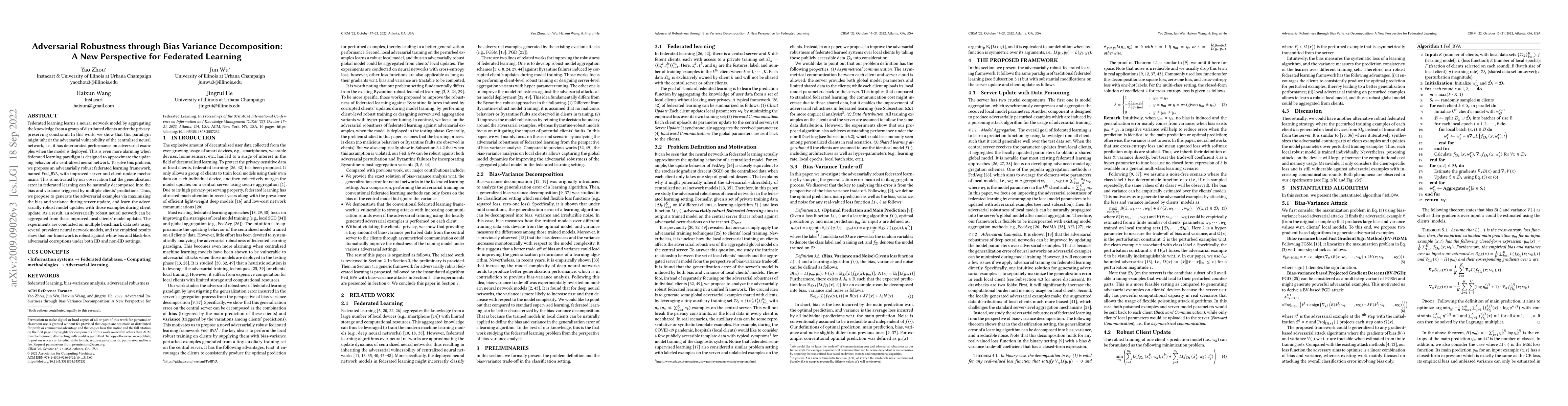 Thumbnail for Adversarial Robustness through Bias Variance Decomposition: A New
  Perspective for Federated Learning