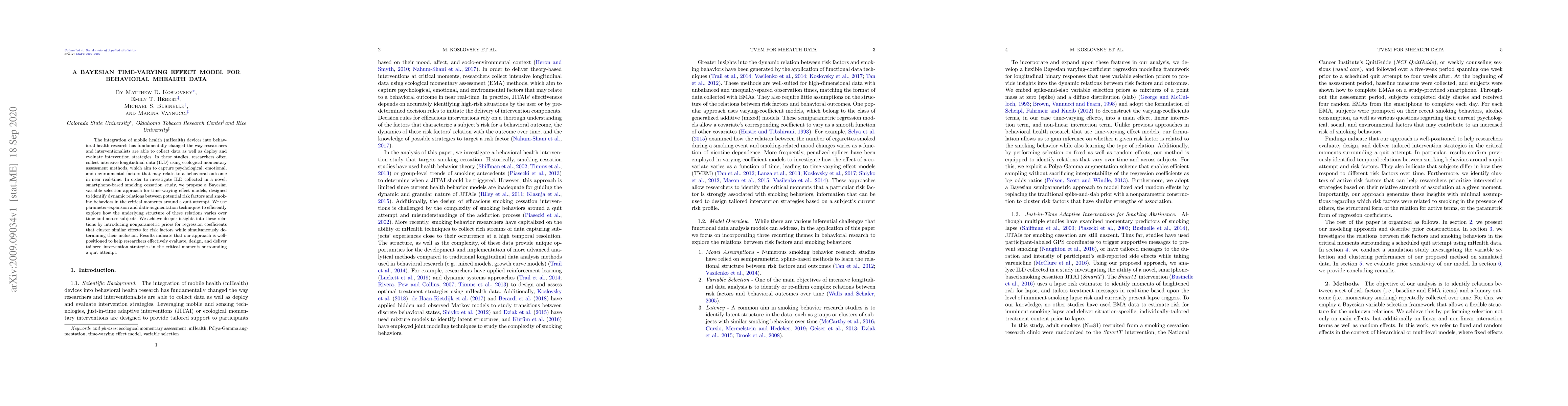 Thumbnail for A Bayesian Time-Varying Effect Model for Behavioral mHealth Data