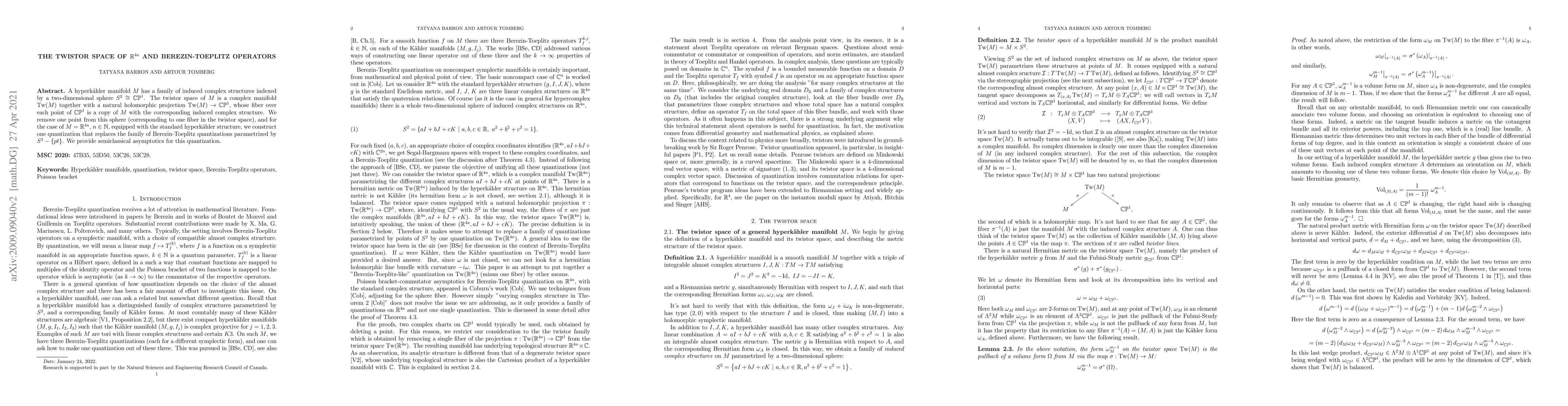 Thumbnail for The twistor space of ${\mathbb{R}}^{4n}$ and Berezin-Toeplitz operators