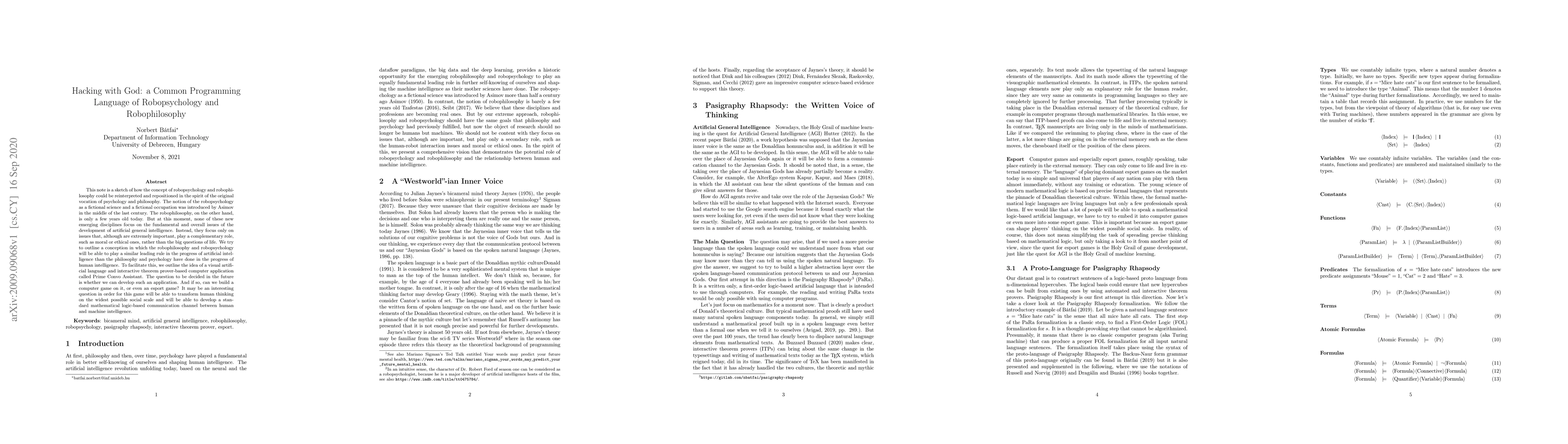 Thumbnail for Hacking with God: a Common Programming Language of Robopsychology and
  Robophilosophy