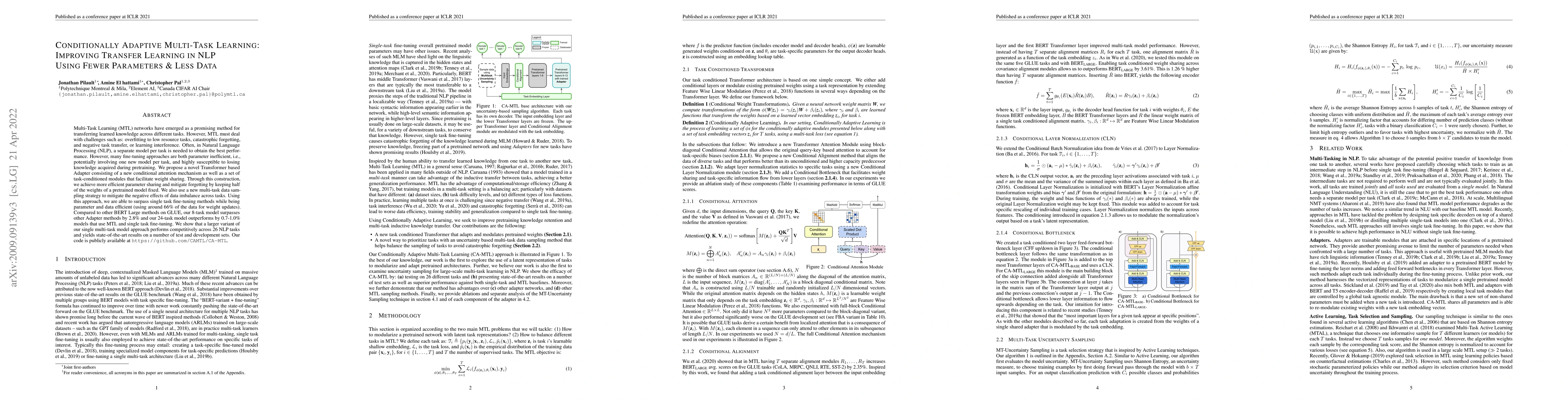 Thumbnail for Conditionally Adaptive Multi-Task Learning: Improving Transfer Learning
  in NLP Using Fewer Parameters & Less Data