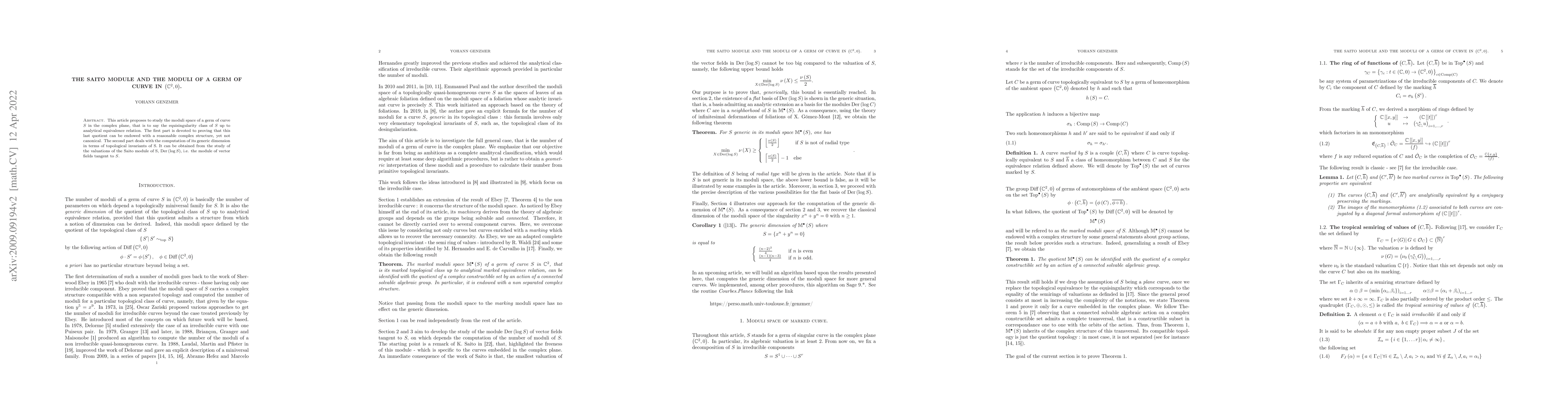 Thumbnail for The Saito module and the moduli of a germ of curve in
  $\left(\mathbb{C}^{2},0\right)$