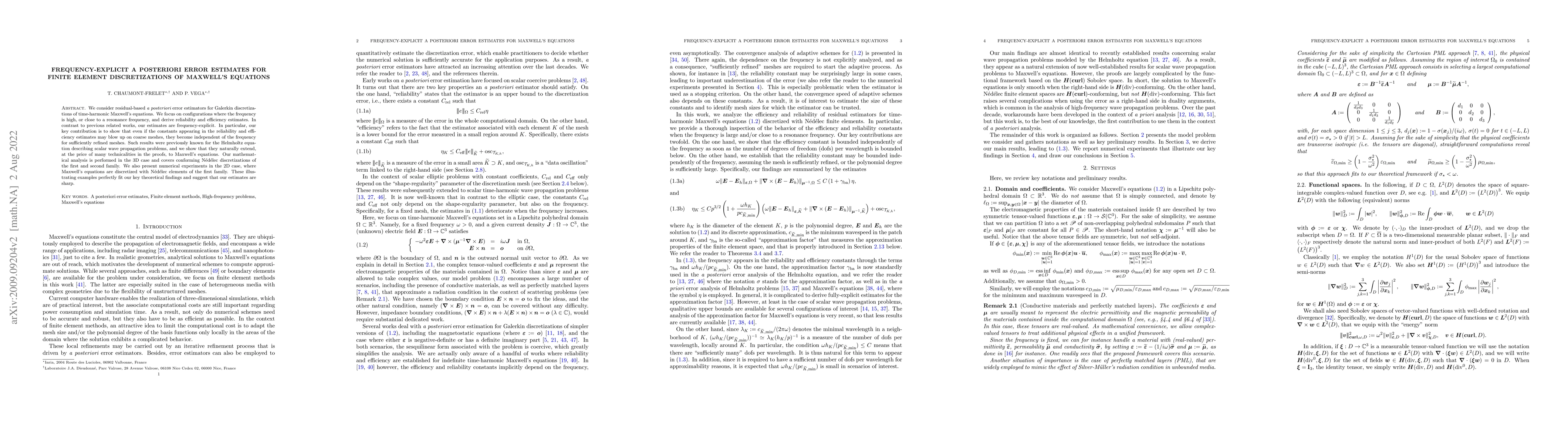 Thumbnail for Frequency-explicit a posteriori error estimates for finite element
  discretizations of Maxwell's equations