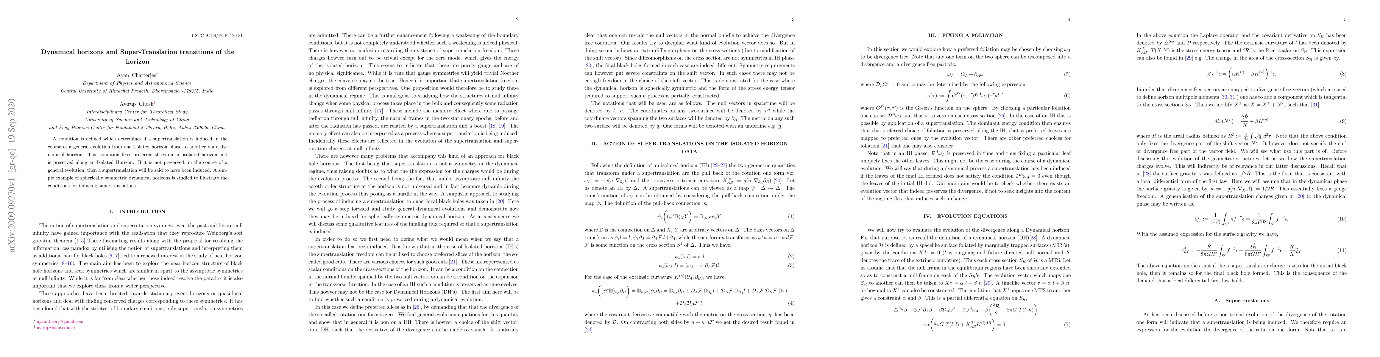Thumbnail for Dynamical horizons and Super-Translation transitions of the horizon