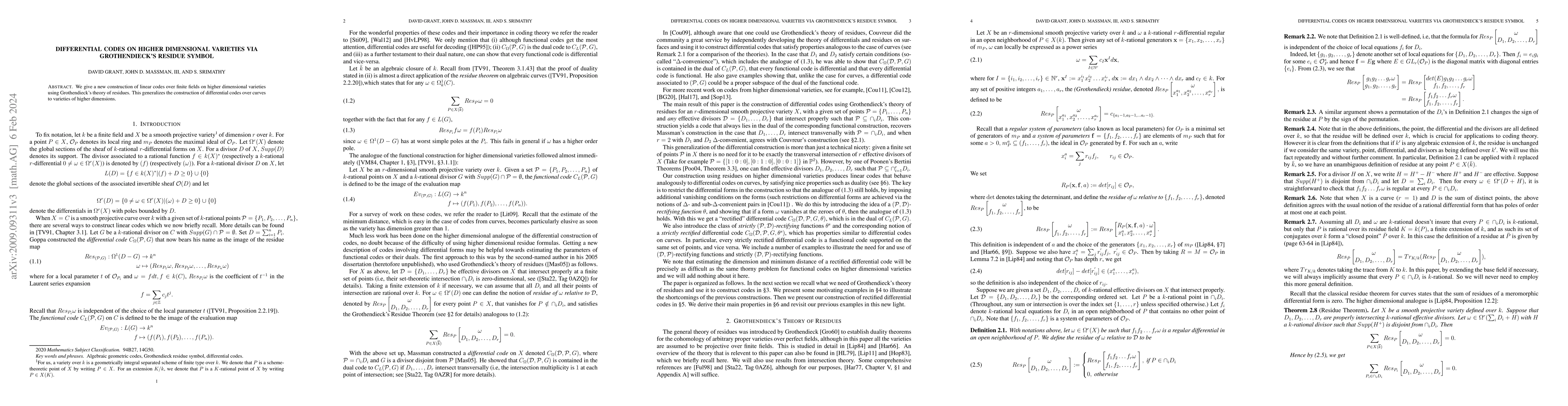 Thumbnail for Differential Codes on Higher Dimensional Varieties Via Grothendieck's
  Residue Symbol
