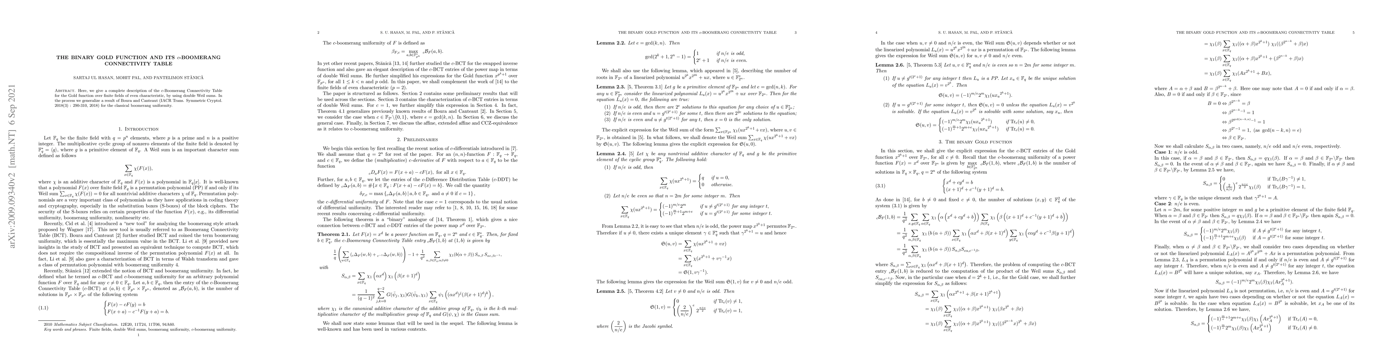 Thumbnail for The binary Gold function and its c-boomerang connectivity table
