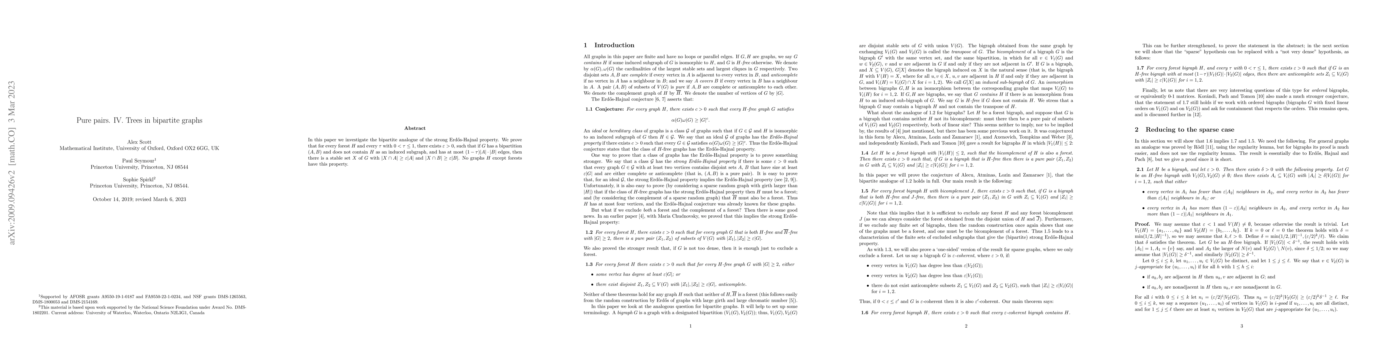 Thumbnail for Pure pairs. IV. Trees in bipartite graphs