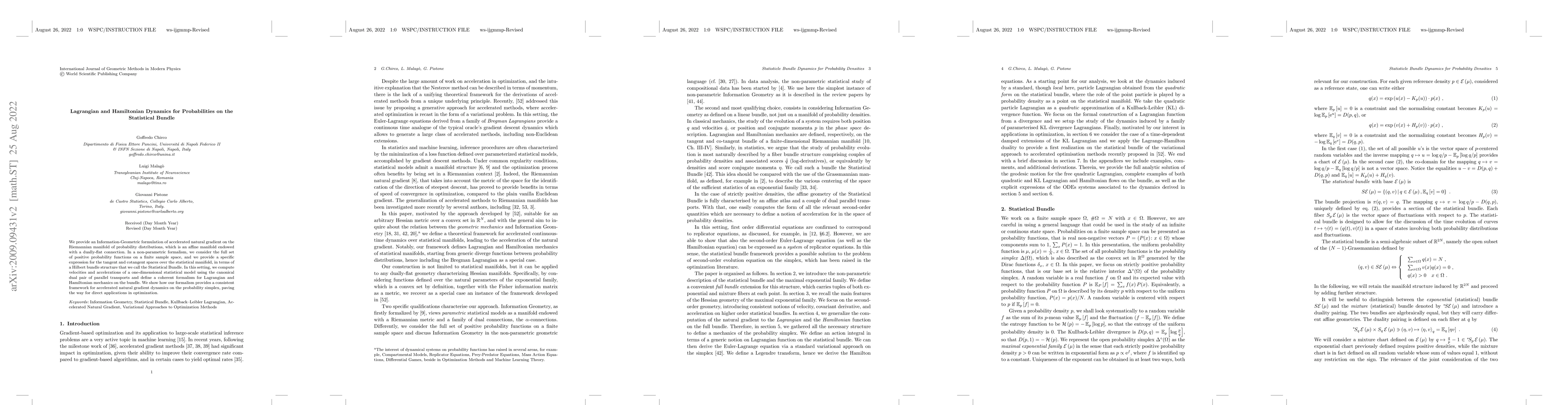 Thumbnail for Lagrangian and Hamiltonian Mechanics for Probabilities on the
  Statistical Manifold