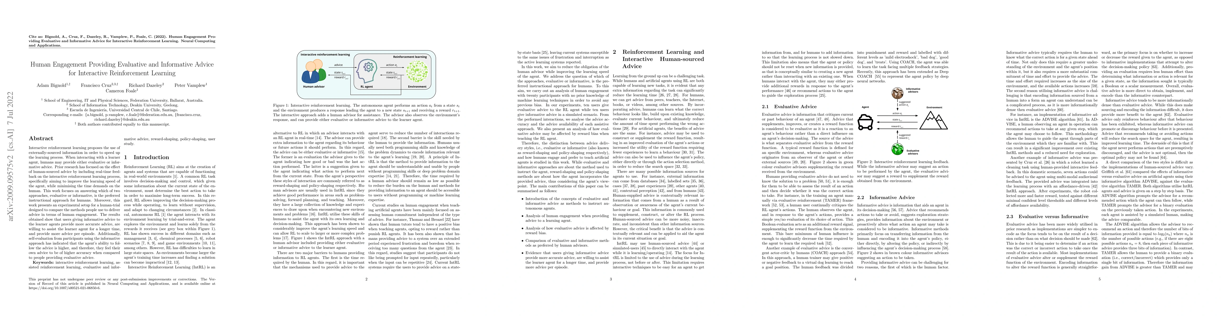 Thumbnail for Human Engagement Providing Evaluative and Informative Advice for
  Interactive Reinforcement Learning