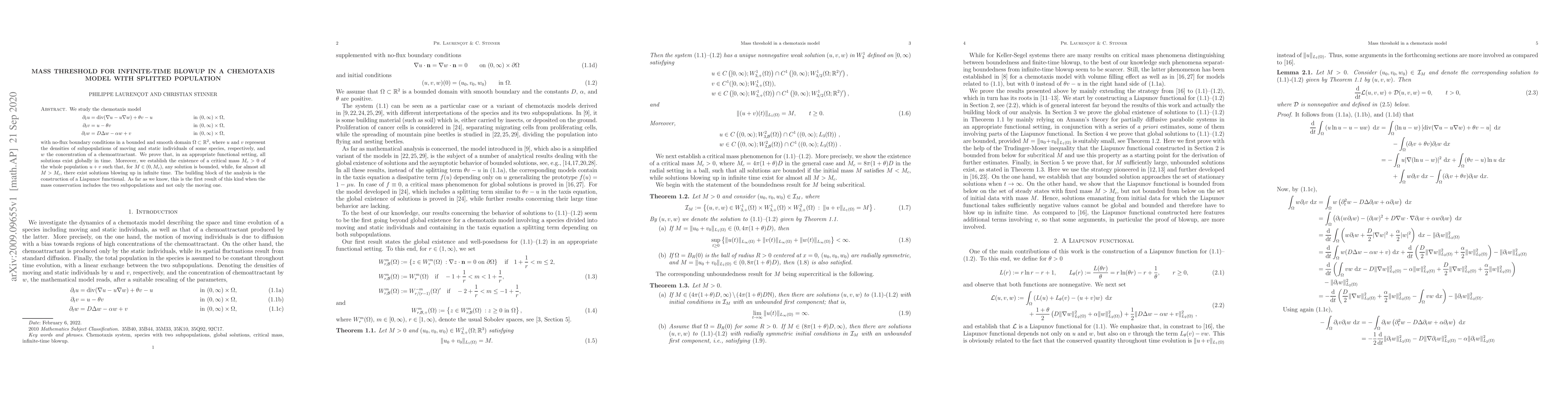 Thumbnail for Mass threshold for infinite-time blowup in a chemotaxis model with
  splitted population
