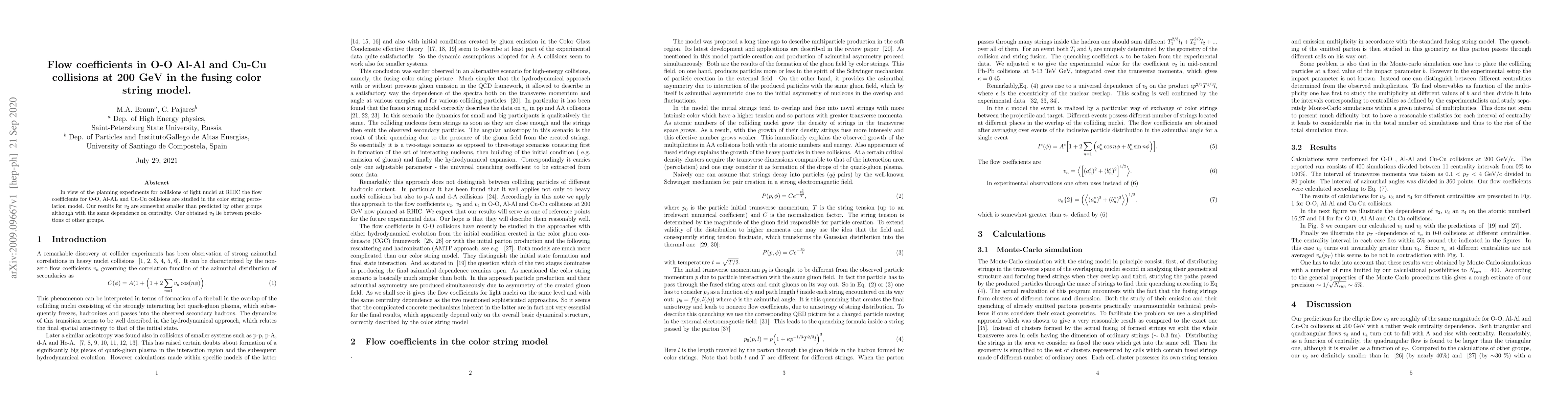 Thumbnail for Flow coefficients in O-O Al-Al and Cu-Cu collisions at 200 GeV in the
  fusing color string model