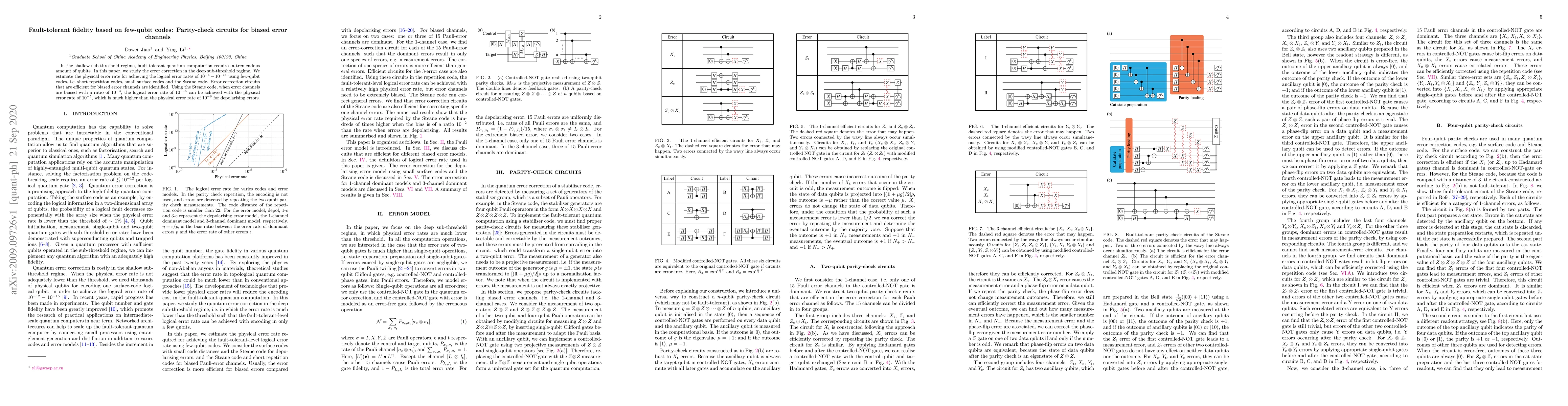 Thumbnail for Fault-tolerant fidelity based on few-qubit codes: Parity-check circuits
  for biased error channels