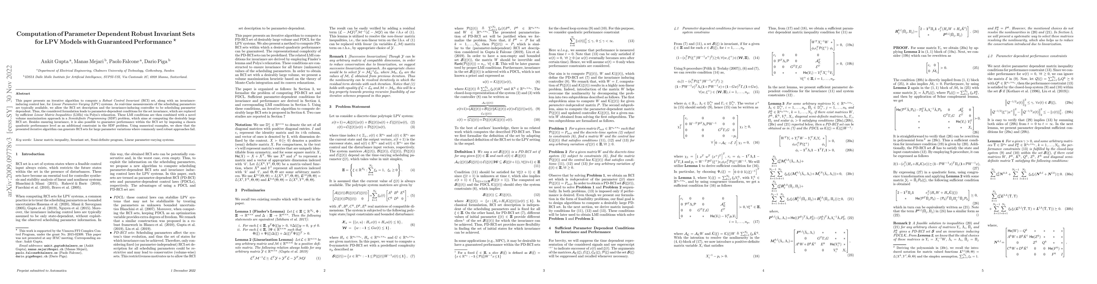 Thumbnail for Computation of Parameter Dependent Robust Invariant Sets for LPV Models
  with Guaranteed Performance