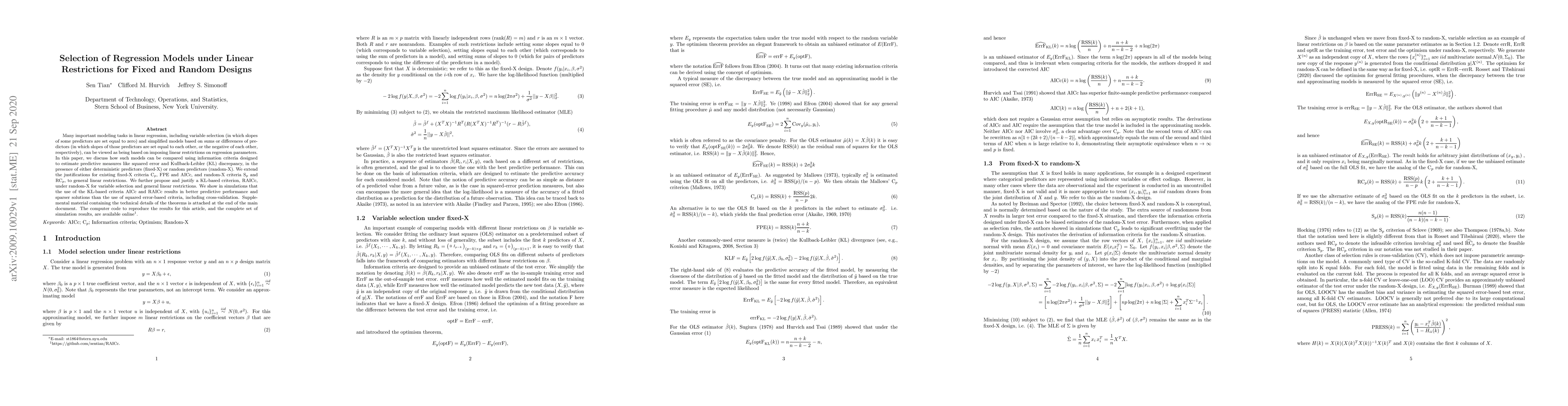 Thumbnail for Selection of Regression Models under Linear Restrictions for Fixed and
  Random Designs