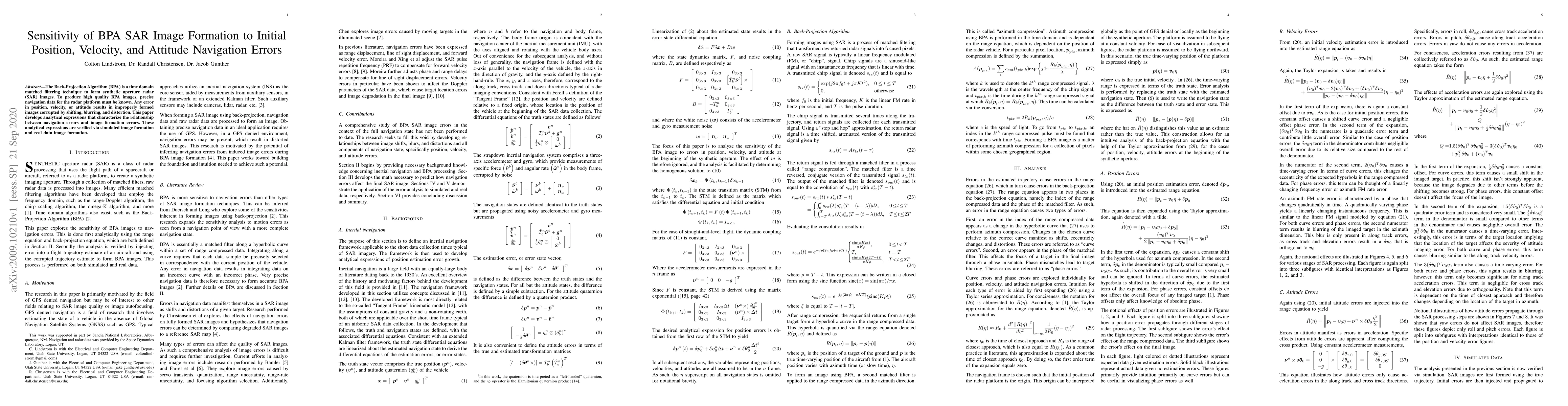 Thumbnail for Sensitivity of BPA SAR Image Formation to Initial Position, Velocity,
  and Attitude Navigation Errors